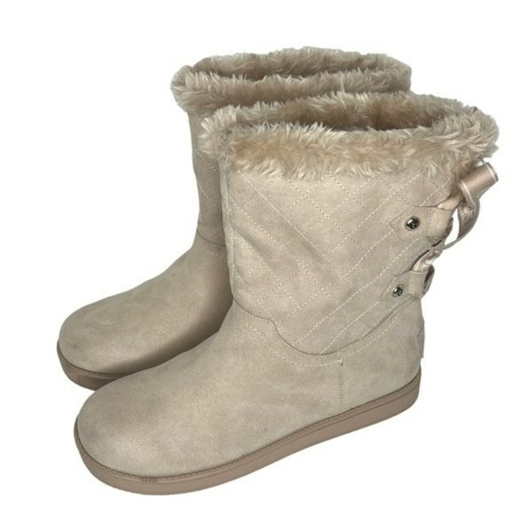 Guess Allyse Sand Logo Bow Suede Faux Fur Mid Calf Winter Boots Size 9M - Picture 12 of 16